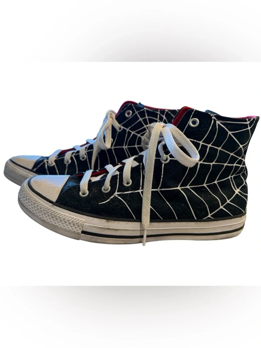 Converse Black High Top Sneakers White Spiderweb and Red Accents Mens 7 - Picture 3 of 8